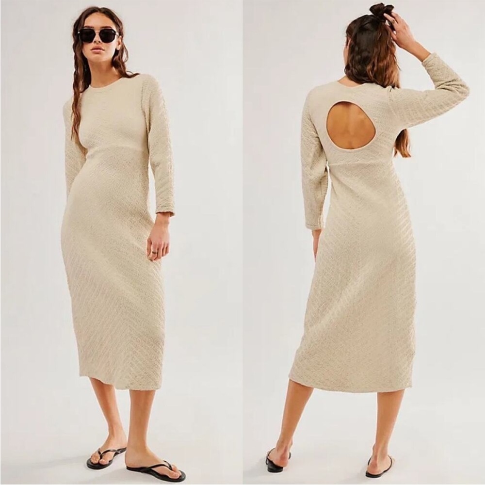 Free People Ivory Cream Gabby Seamless Ling Sleeve Midi Dress Open Back size M/L